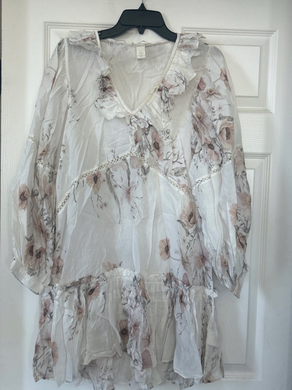 H&M White Sheer Long-Sleeve Floral Tunic Dress